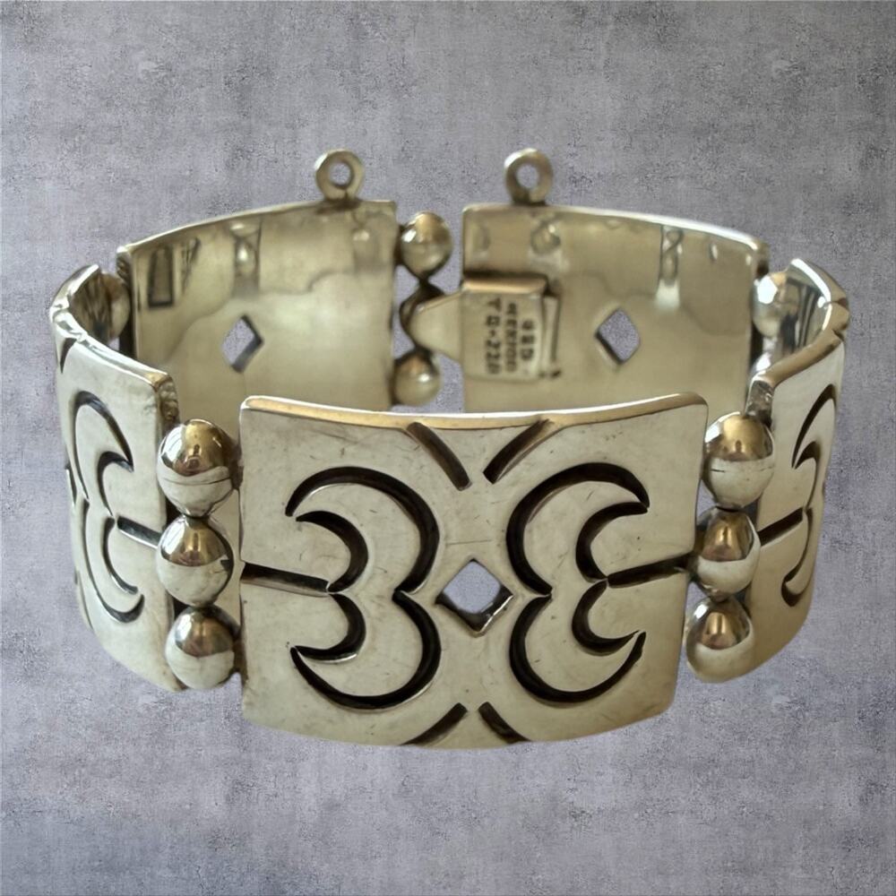 VTG Taxco Mexico 925 Sterling Silver Geometric Panel Link Bracelet 103g HEAVY
